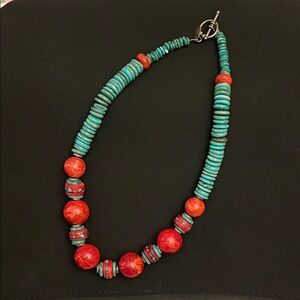 Turquoise, Coral and Tibetan Red Bead Necklace
